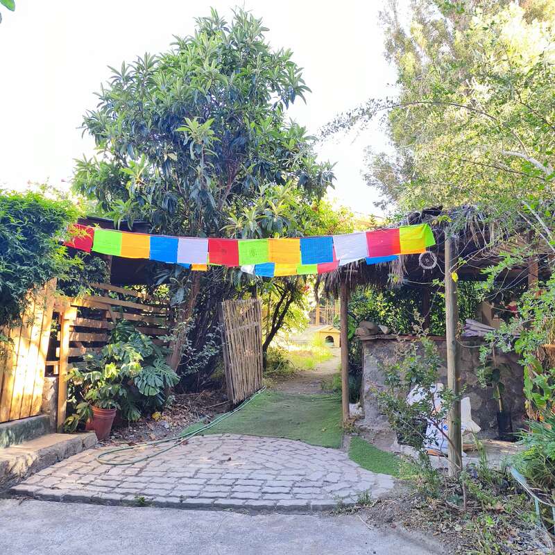 A colorful row of prayer flags is strung above a garden path, surrounded by lush greenery, trees, and rustic wooden fencing, creating a peaceful atmosphere.