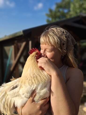 Una mujer sonriente abraza cariñosamente a un esponjoso pollo blanco, disfrutando de un día soleado al aire libre. Lleva un pañuelo de ganchillo en la cabeza y está de pie cerca de una estructura rústica de madera.