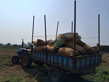 A blue tractor is parked in a field, pulling a trailer loaded with many brown sacks, likely filled with harvested crops, under a clear sky.