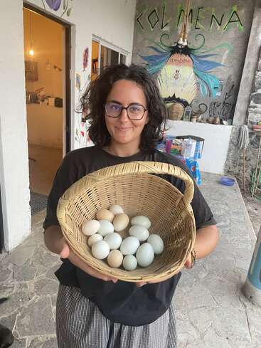 Une femme aux cheveux bouclés et portant des lunettes tient un panier rempli d'œufs ; elle se tient debout à l'extérieur, près d'une fresque murale colorée sur laquelle on peut lire « Colmena Tlayacapan ».