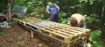 Zwei Leute arbeiten draußen in einem Waldgebiet und bauen oder reparieren eine Konstruktion aus Holzpaletten, umgeben von Grünpflanzen und Waldabfällen.
