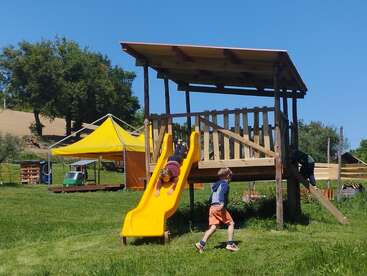 Drei Kinder spielen auf einem Spielgerät aus Holz mit einer leuchtend gelben Rutsche auf einer Wiese. Der Himmel ist klar und blau und verspricht Sommerspaß.