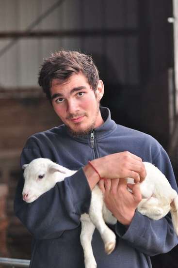 The image depicts a man cradling a white lamb in his arms, with the lamb's head resting on his right arm. The man is wearing a blue fleece jacket.