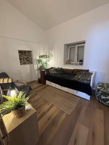 Un acogedor salón con suelo de madera, un diván con cojines, un sillón, plantas, una alfombra tejida, una lámpara, una ventana pequeña y detalles en piedra que contrastan con las paredes blancas.