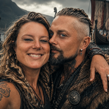 A smiling couple dressed as Vikings poses together for a selfie, with braided hair, tattoos, jewelry, and a Viking ship in the background on a foggy shore.