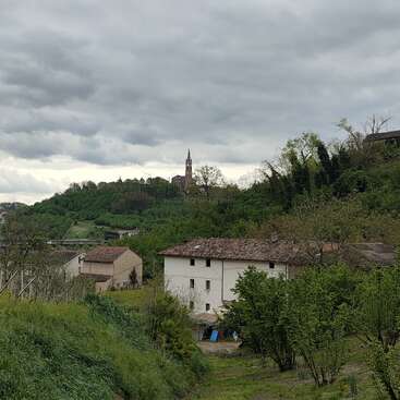 Sous un ciel nuageux, un paysage rural aux collines ondulantes présente des champs verts, un vignoble, des maisons éparses, des arbres et un clocher d'église au loin. Une campagne paisible.