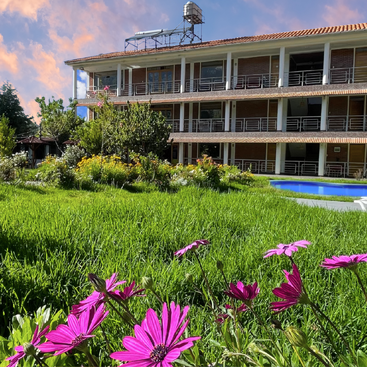 Un jardín lleno de vida con flores moradas conduce a un edificio de tres pisos con balcones, rodeado de vegetación, una piscina azul y un cielo colorido al atardecer.