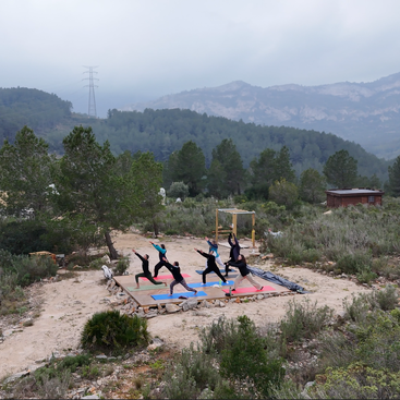 L'image représente un groupe de personnes pratiquant le yoga en plein air dans une région montagneuse, avec en arrière-plan un paysage serein composé d'arbres et d'un ciel nuageux.