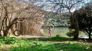 Une personne se tient près d'un lac calme, entourée d'herbe verte, d'arbres et de buissons. Une balançoire en pneu est suspendue à une branche. Des montagnes s'élèvent en arrière-plan.