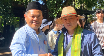 The image is a collage of three photos: group gatherings, cultural exchange with handshakes, friendly smiles, diverse participants, and outdoor interactions under sunny, green surroundings.