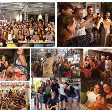 A collage of lively group photos showing friends celebrating, laughing, and enjoying each other's company at what appears to be a festive indoor party or gathering.