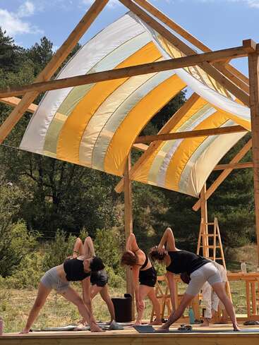 Four people practice yoga poses outdoors on a wooden platform under a yellow-and-white striped canopy, surrounded by lush greenery and warm natural sunlight. Peaceful atmosphere.