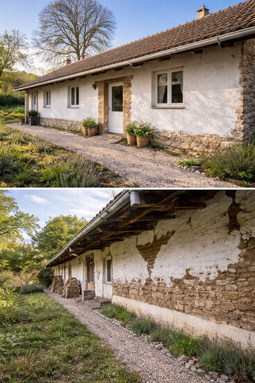 Uma casa rústica no campo, com paredes de pedra caiadas de branco e telhado de telhas. O caminho é cercado por vegetação; um lado parece bem cuidado, o outro, desgastado pelo tempo.