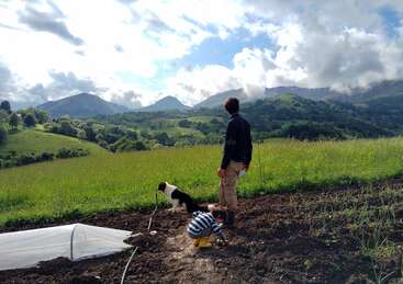 A man, a child, and a dog stand in a garden plot, surrounded by lush green hills and dramatic, cloud-filled mountains under a partly cloudy sky.