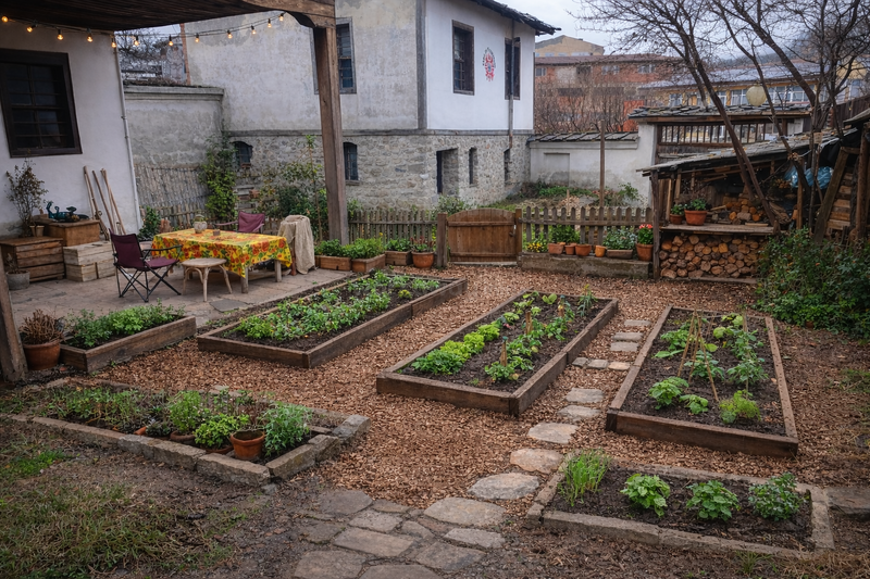 Este aconchegante jardim nos fundos tem três canteiros elevados com hortaliças em plena crescimento, um pequeno pátio com uma mesa, vasos de plantas, lenha e luzes decorativas.