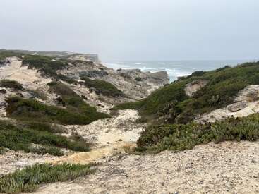 Dieses Bild zeigt eine zerklüftete Küstenlandschaft mit sandigen Dünen, grünen Büschen, felsigen Klippen und einem nebligen Himmel über den fernen Wellen des Ozeans.