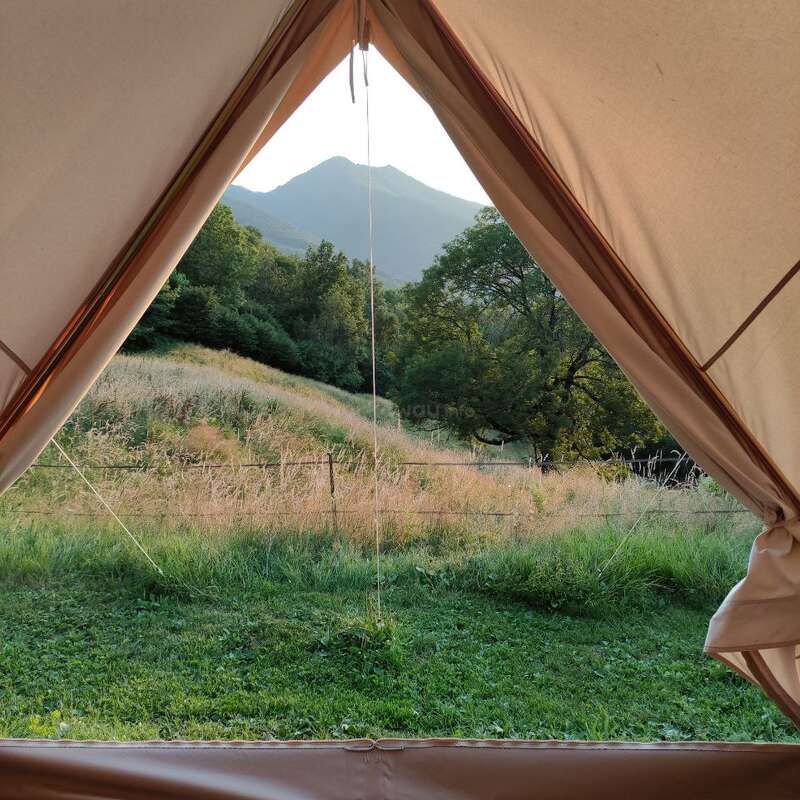 The image depicts a serene view from inside a tent, showcasing a lush grassy field, trees, and a majestic mountain in the distance, bathed in warm sunlight.