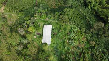 This aerial photo shows a rectangular building surrounded by lush, dense green vegetation, trees, and plants, set in the middle of a tropical rural area.