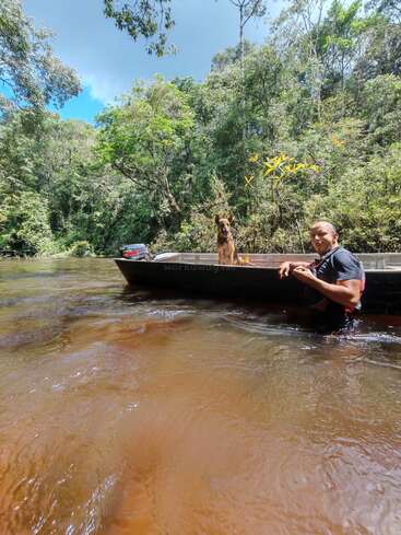 A man stands in a shallow river beside a boat, with a dog sitting inside. Lush green forest surrounds them under a sunny, blue sky.