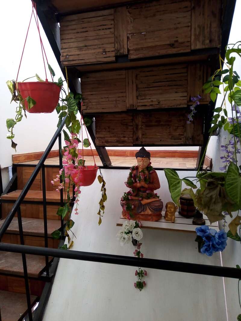 Das Bild zeigt eine heitere Szene mit einer Buddha-Statue auf einem Regal, umgeben von Pflanzen und Blumen, mit einer Treppe und einer Holzkonstruktion im Hintergrund.