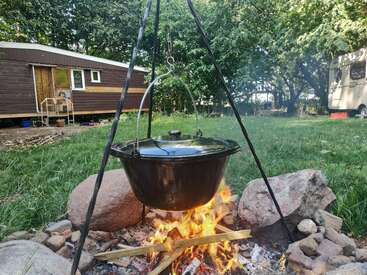 Une marmite noire est suspendue au-dessus d'un feu de camp ouvert entouré de pierres. Une cabane en bois et une caravane sont visibles à l'arrière-plan, nichées au milieu de l'herbe verte et des arbres.