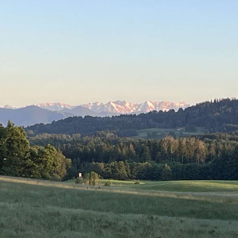 Dieses Bild zeigt eine friedliche Landschaft mit sanften grünen Feldern, dichten Wäldern und fernen schneebedeckten Bergen unter einem klaren blauen Himmel im frühen Morgen- oder Abendlicht.