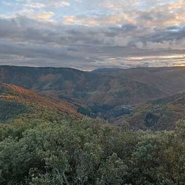 Cette image montre un paysage montagneux pittoresque avec des arbres verdoyants et aux couleurs automnales, des collines ondulantes, des nuages spectaculaires et une douce lumière du soleil perçant à l'horizon.