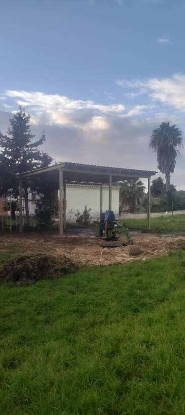 A small green excavator sits under a simple open shed. There is green grass, a dirt area, surrounding trees, and cloudy sky in the background.