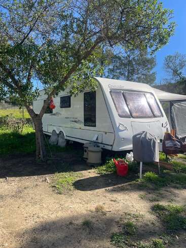 A white caravan labeled "Crusader" is parked in a sunny, grassy outdoor area beside a tree, with various outdoor items including a red watering can nearby.