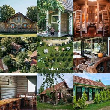 La imagen es un collage de nueve fotos que muestran una cabaña rústica, sus alrededores y su interior, con muebles y adornos de madera, con un ambiente natural y acogedor.