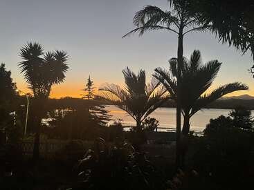 Silhouetted palm trees stand tall as the sun sets over a tranquil lake, casting golden light across the water, with distant hills and a peaceful atmosphere.