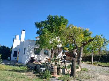 A white countryside house stands under a clear blue sky, surrounded by trees, a barrel, outdoor seating, greenery, and gravel, creating a peaceful rural scene.