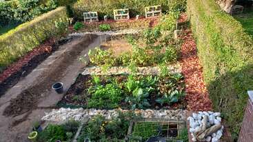 This image shows a well-maintained garden with several vegetable patches, bordered by green hedges. There are pots, pathways, compost bins, and leafy plants thriving under sunlight.