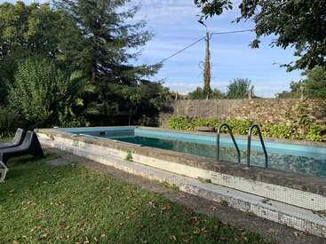 Une piscine rectangulaire entourée de verdure et d'arbres, avec un mur de pierre en arrière-plan. Des chaises longues et de la pelouse occupent le premier plan, suggérant la détente.