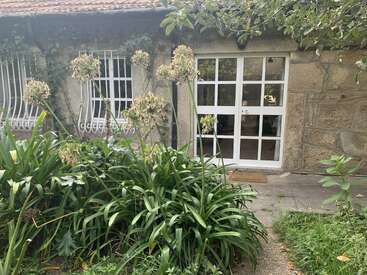 Une maison rustique en pierre avec une porte blanche en forme de grille et des fenêtres à barreaux. Des plantes vertes luxuriantes et de hautes tiges fleuries s'épanouissent dans un jardin envahi par la végétation.