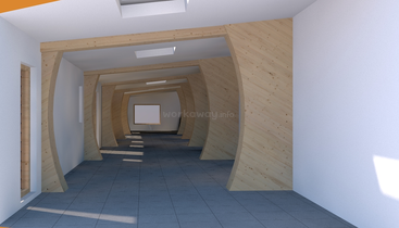 La imagen representa un espacio interior moderno de estética minimalista, con una pared blanca y un arco prominente, probablemente un concepto de diseño residencial o comercial.