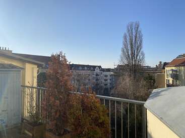 Ein sonniger Tag auf dem Balkon mit Topfpflanzen, mit Blick auf ein paar Wohnhäuser, einen hohen Baum und den klaren blauen Himmel in einer ruhigen Gegend in der Stadt.
