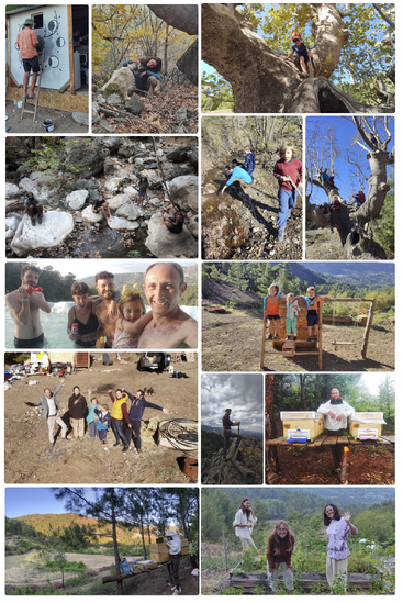 Eine Collage von Menschen, die die Natur genießen: auf Bäume klettern, wandern, im Freien arbeiten, schwimmen, spielen, imkern, lächeln und sich in einer malerischen, ländlichen Umgebung versammeln.