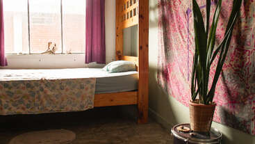 A cozy, sunlit bedroom with a wooden bed, colorful bedspread, purple curtains, tapestry on the wall, potted plant, and a rustic concrete floor. Inviting atmosphere.
