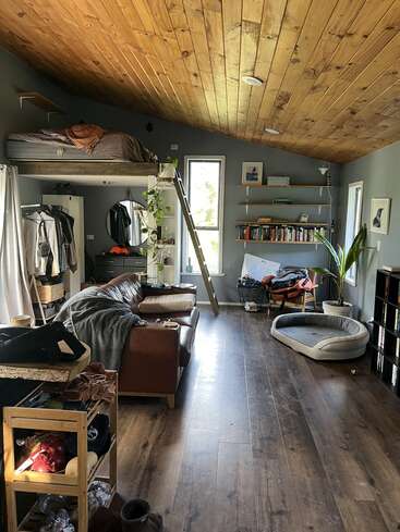 Un estudio acogedor y habitado con una cama tipo loft, sofá de cuero marrón, techo de madera, estanterías, plantas, cama para perros, perchero y abundante luz natural.