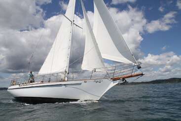 Un velero blanco llamado "Vigilant" se desliza por aguas tranquilas y azules bajo un cielo parcialmente nublado. Una persona se sitúa en la popa, al timón, disfrutando de un día tranquilo.