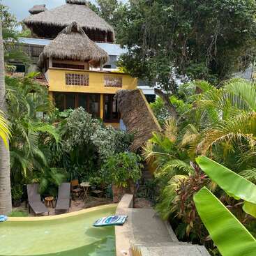 A tropical paradise features a thatched-roof villa surrounded by lush green plants, palm trees, a small swimming pool, lounge chairs, and vibrant, natural tranquility.