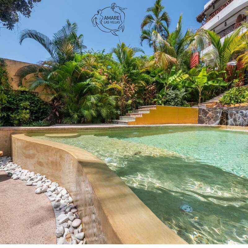 A serene tropical pool surrounded by lush green plants, stone accents, and sunny yellow walls, with clear blue water and a peaceful, inviting atmosphere.