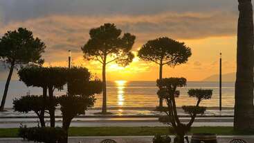 Golden sun sets over calm sea, casting reflections. Silhouetted trees and bushes frame the view, with soft clouds, distant mountains, and serene evening atmosphere.