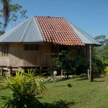Una pequeña casa de madera sobre pilotes se alza bajo un cielo azul. Su tejado combina metal y tejas rojas. Plantas y árboles tropicales rodean la casa rural.