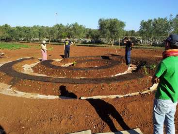 Das Bild zeigt eine Gruppe von Menschen, die in einem Garten stehen, umgeben von einem spiralförmigen Muster aus Erde und Pflanzen, mit Bäumen im Hintergrund an einem sonnigen Tag.