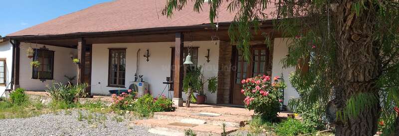 La imagen muestra la fachada de una casa con una puerta de madera, detalles de piedra y un porche cubierto, rodeado de exuberante vegetación y flores vibrantes.