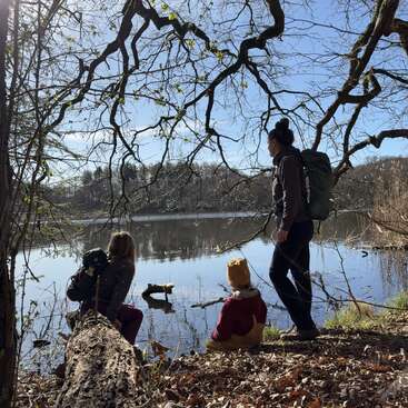 Three people enjoy a peaceful moment by a calm lake, surrounded by trees and nature. Sunlight filters through branches as they enjoy an outdoor adventure.