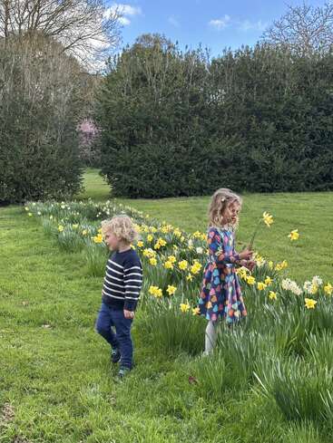 Deux jeunes enfants se tiennent dans un jardin herbeux entouré de jonquilles jaunes en fleurs. L'un d'eux cueille des fleurs tandis que l'autre se promène à proximité, sous un ciel bleu.