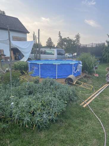 A blue above-ground pool sits in a grassy yard beside a garden, with a white van, tools, trampoline, and a rustic house in the background.